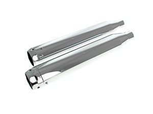 Mufflers Breakout: 3in. Slip-On Mufflers - Chrome with Chrome Scalloped End Caps. Fits Softail Deuce 2007 & Fat Boy 2007-2017 - Rinehart Exhaust