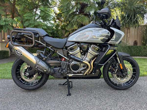 Mufflers Pan America: Slip On Muffler with Carbon Fibre End Cap - Stainless. Fits Pan America 2021up. - S&S