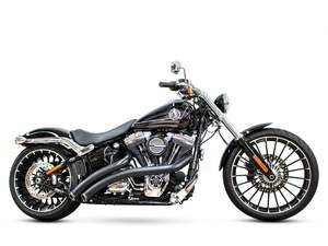 Rocker 2 2: Radical Radius Exhaust - Black with Black End Caps. Fits Softail Breakout 2013-2017 & Rocker 2008-2011. - Freedom Performance Exhaust