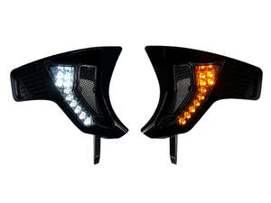 Headlights Black: LED Vent Insert Turn Signal Upgrade With Amber & White LED's - Gloss Black. Fits Road Glide 2024up & CVO Road Glide (Inc 'ST') 2023up. - Custom Dynamics