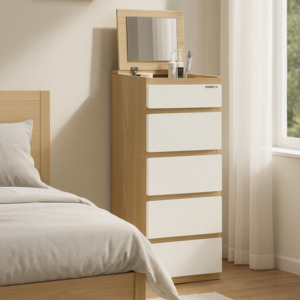 Turin Series: Sotta 5 Drawers Slimboy with Mirror, Oak and White