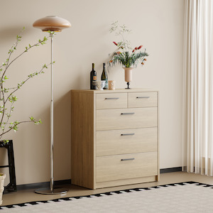 Platsa  5 Drawer Tallboy, Grey Oak