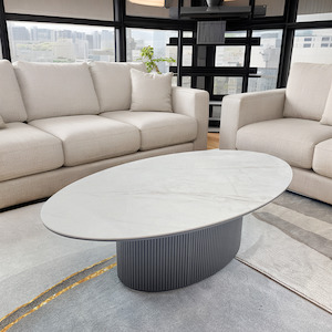 Living Room Furniture: Bruil Oval coffee table 1.3M, Matte White & Khaki Grey