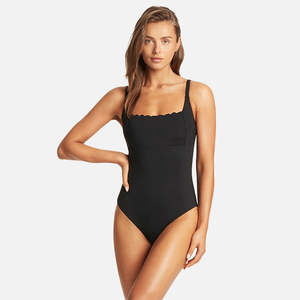 Womens One Piece Swimsuits: Sea Level Scalloped Square Neck One Piece - Black