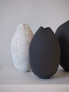 Black Carved Pod Vase / White Carved Pod Vase with Silver Staple