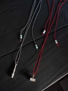 Silver Box Stamp on Red Silk Necklace / Silver Kareidoscope on Grey Silk Necklace