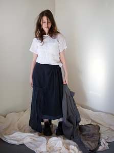 Asymmetrical green silk w. Pleated panel