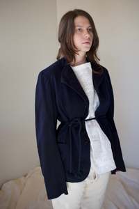 Navy blue deconstructed jacket w. Waist tie