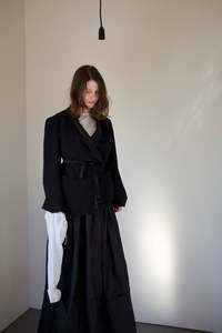 Black asymmetrical dinner jacket with waist ties