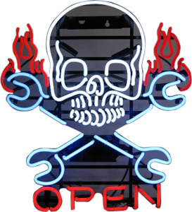 Business Signs: Open Skull & Spanners Neon Sign - NEBS-260