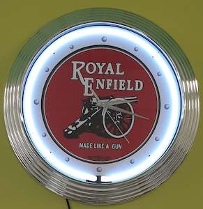 Motorcycle Clocks: Royal Enfield Made Like A Gun Neon Clock (White NENC-527W, Red NENC-527R )