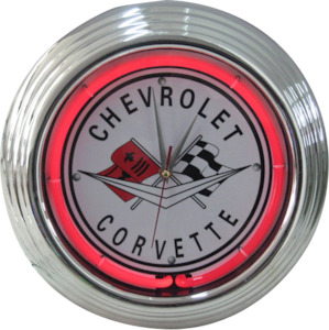 Clock Chev: Chevrolet Corvette Crossed Flags Neon Clock - NENC-02