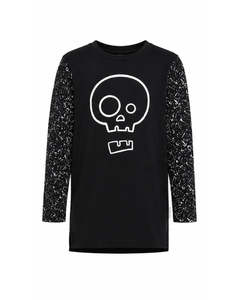 Tops: Longsleeve Tall Tee - Black Splatter Skull Tee