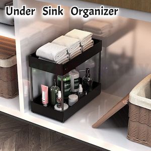 Kitchen: Under Sink Organizer Rack adjustable steel Black