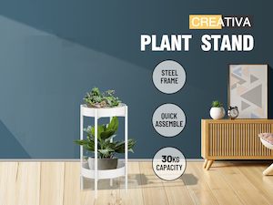 Outdoor Garden Conservatory: Plant Stand Metal  2 Tiers  White  60CM