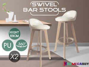 Bar Stools Chairs: 2 x Bentwood Wooden PU Kitchen Swivel Bar Stool Polished Marble White