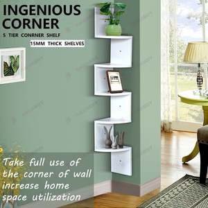 5-Tier Corner Floating Wall Shelf – White Wooden Display Rack