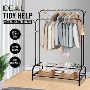 Furniture: Black Indoor Double Clothes Rack with Shelf & Hooks