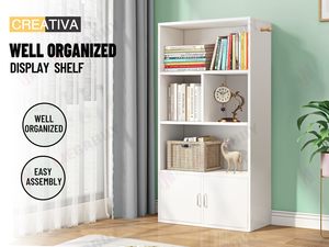 White 4-Shelf Bookcase with Storage Cabinet