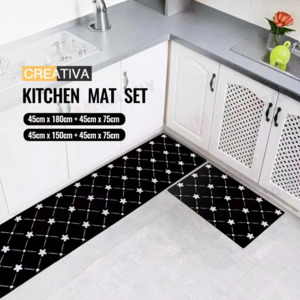 Black Floral Lattice 2-Piece Washable Kitchen Mat Set