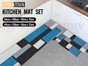 Blue-Grey Block Pattern 2-Piece Washable Kitchen Mat Set