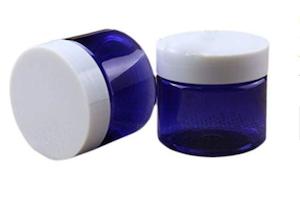 Plastic Packaging: Blue Pots / Cosmetic jars / pet 50gm white lid
