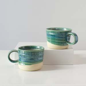 Helen Pearce: HP Mugs: white clay with sea foam green glaze