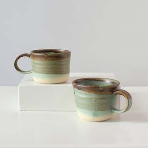 Helen Pearce: HP Mugs: brown and green on white clay