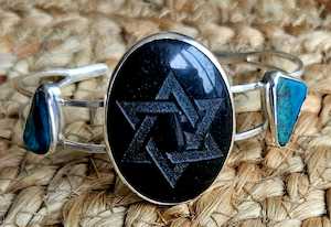 Engraved Onyx and Eilat stone Sterling Silver Cuff