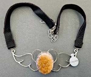 Large Sterling Silver Heart-Wing with Citrine Druzy Choker-Necklace
