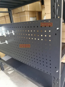 Products: Pagboard Panel, Black Metal. Plus 6 Hooks and 2 Bins, 525mm x 1500mm/2000mm RacknCo
