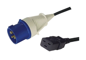 Products: Custom Cable: Fitted 16A CEEform (caravan) Plug to Moulded 16A C19 Socket, Black (1.5mm2)
