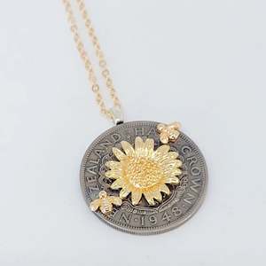 Bestseller!! Re-minted Half Crown Pendant with Golden Sunflower and Bees