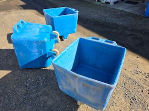 Products: TROLLEY BIN. HEAVY DUTY 185 LITRE BLUE, FOOD GRADE, USED, in GOOD CONDITION - RainHarvest and Services