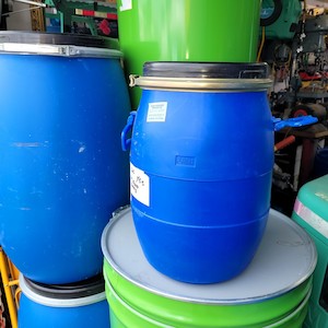Products: 30 LITRE BLUE PLASTIC DRUM WITH LID AND CLAMP. FOOD GRADE. NO STOCK - RainHarvest and Services