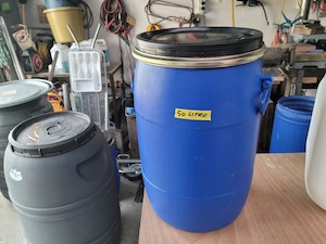 Products: 50 LITRE BLUE PLASTIC DRUM. SEALED LID WITH STEEL CLAMP. FOOD GRADE. NO STOCK .ON ORDER - RainHarvest and Services