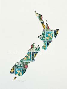 New Zealand Map - flower stamps, 6x8 inches