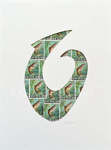 Hei Matau - fish hook, trout stamps, 6x8 inches