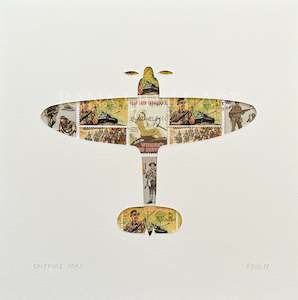 Spitfire Mk1, NZ stamps, 8x8 inches
