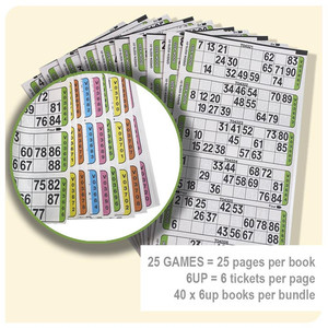 Products: 25 Page Housie Game Books (6up x 40) BUNDLE Ranford Bingo NZ