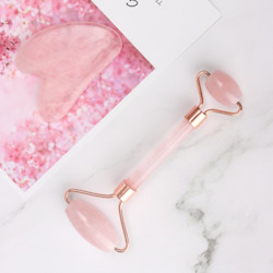 Miscellaneous: 2Pcs Natural Rose Quartz/Green Jade Massage Face Roller Gua Sha Board Set