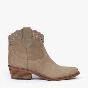 Footwear: Cali Broderie Suede Cowboy Boot - Sand