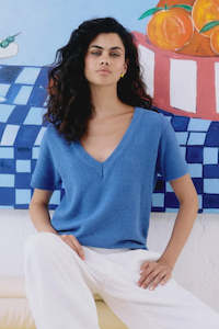 Eb & Ive Artemis Aegean Blue V Knit Top