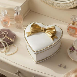 Jewellery 1: White & Gold Bow Heart TrinketBox