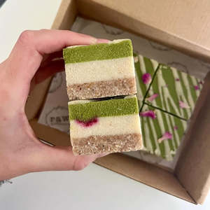 Products: Matcha Raspberry White Chocolate Slice