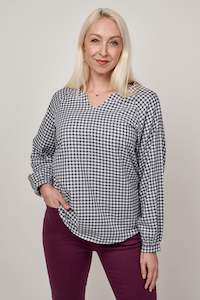 Gingham V-Neck Blouse - Navy