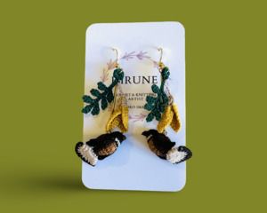 Yoko Imai: Hand crocheted Kowhai & Tui earrings