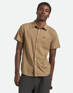 Mens: BRIXTON Charter Stripe Short Sleeve Woven Shirt - Rustic Caramel / Night Sage