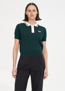 Huffer: HUFFER Line Knit Polo - Golf Green/Chalk