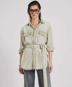 One Teaspoon: ONE TEASPOON Belted Longline Denim Shirt - Antique Khaki